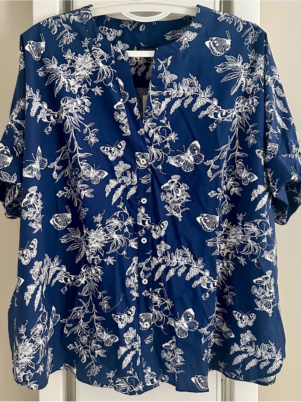 Talbots Navy Blue Button-Front Poplin Blouse with Band Collar & Butterfly Print